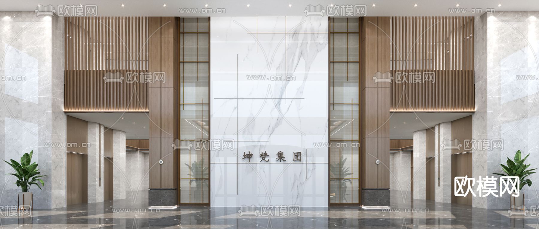 新中式办公楼前台商务大堂3d模型下载（渲染图1）