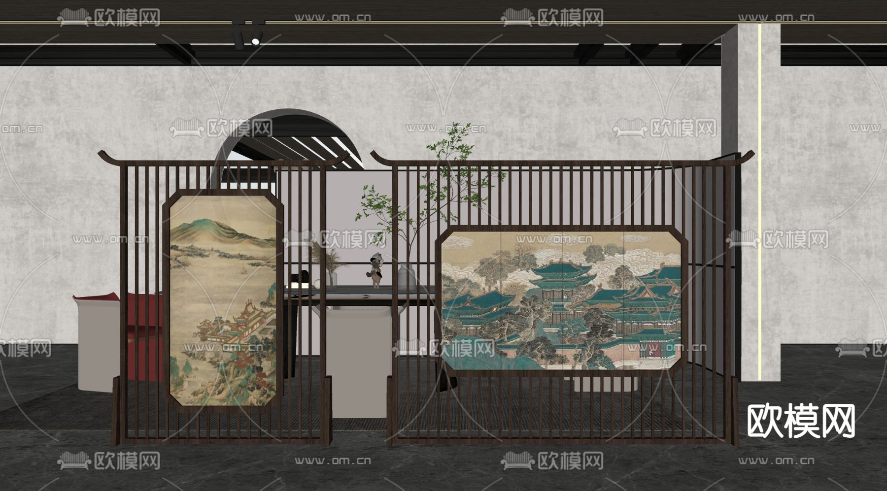 新中式屏风画隔断su模型下载（渲染图2）
