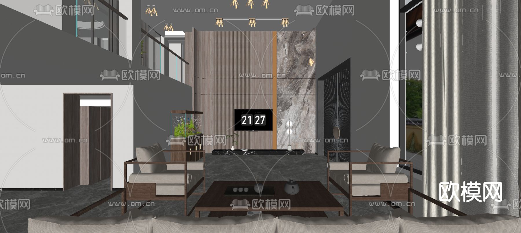 新中式别墅大堂su模型下载（渲染图3）