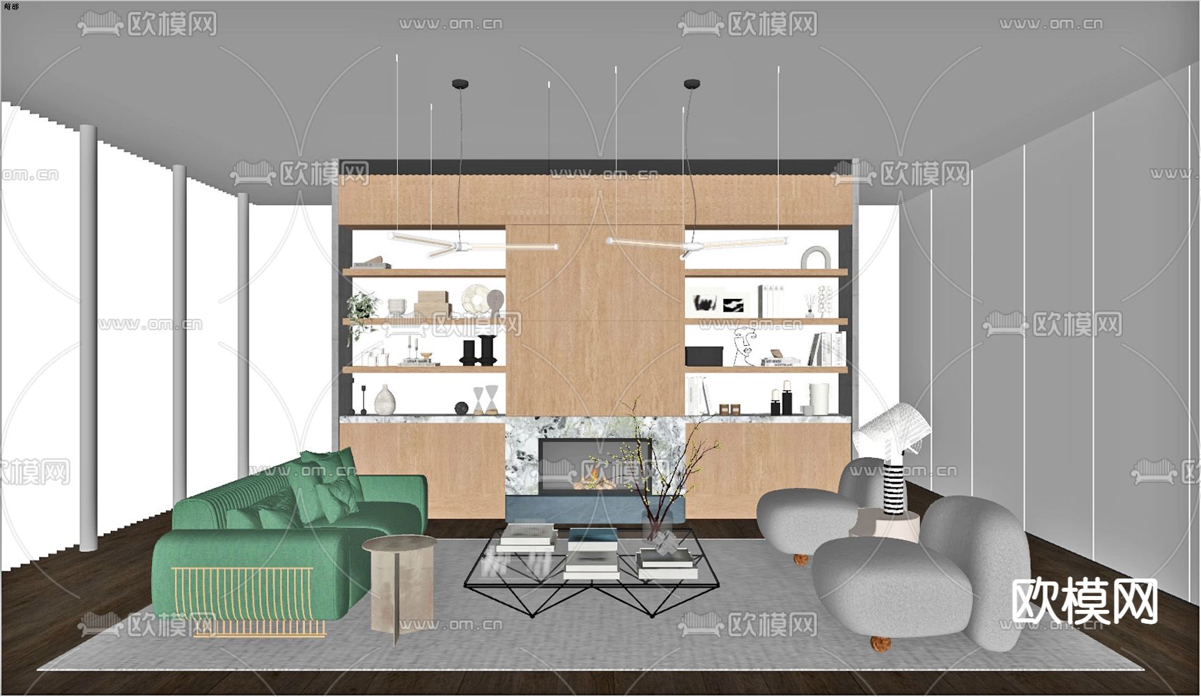 法式布艺沙发组合su模型下载（渲染图2）