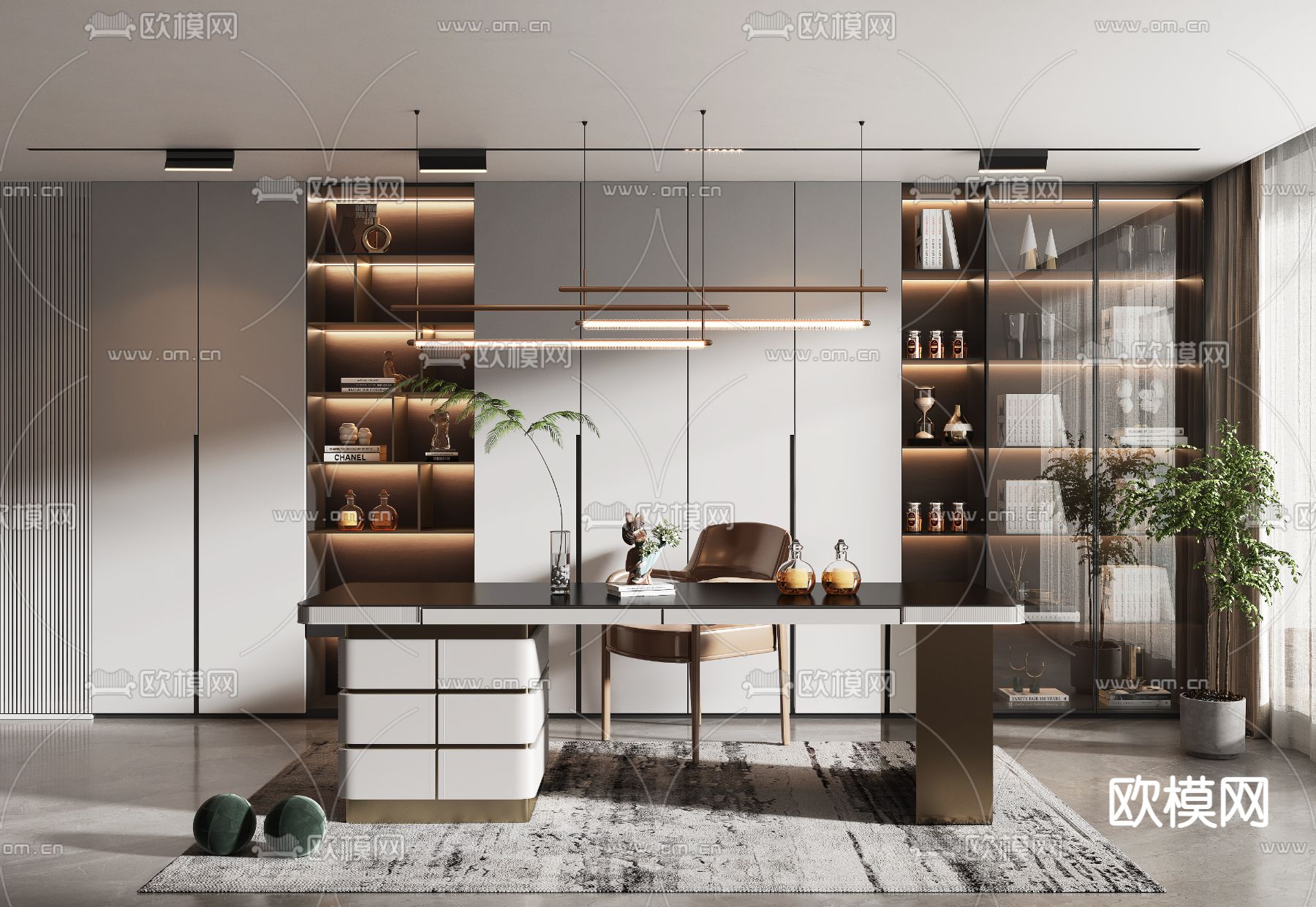 现代轻奢书房3d模型下载（渲染图1）