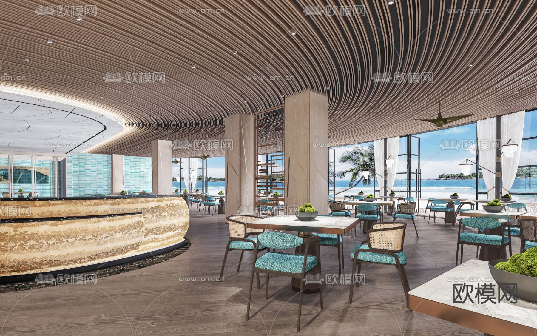 现代沙滩海景餐厅3d模型下载（渲染图3）