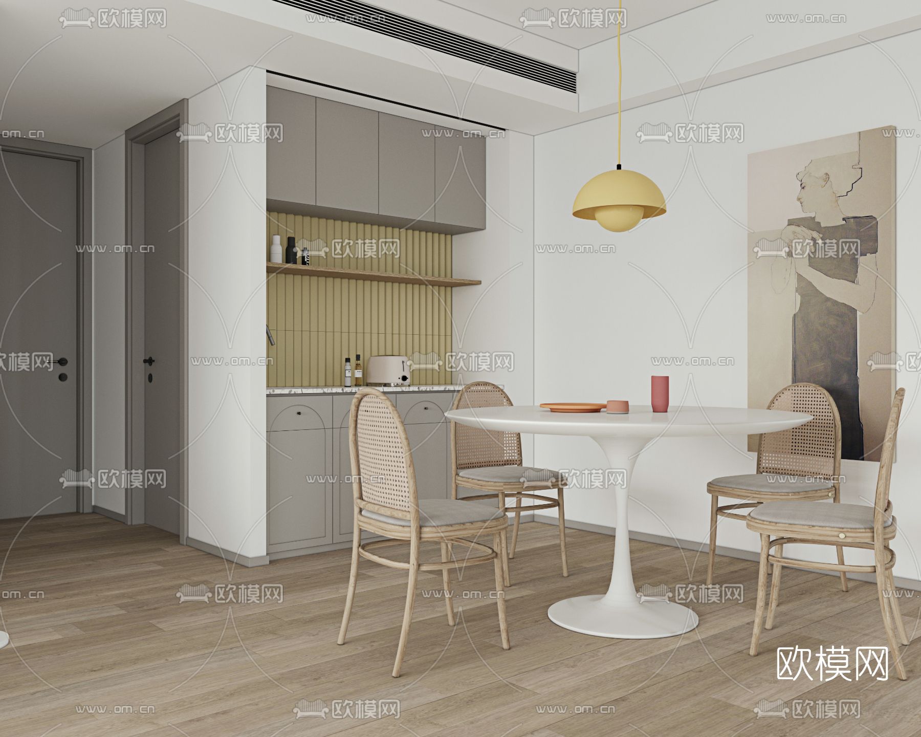 现代奶油风客厅餐厅3d模型下载（渲染图2）