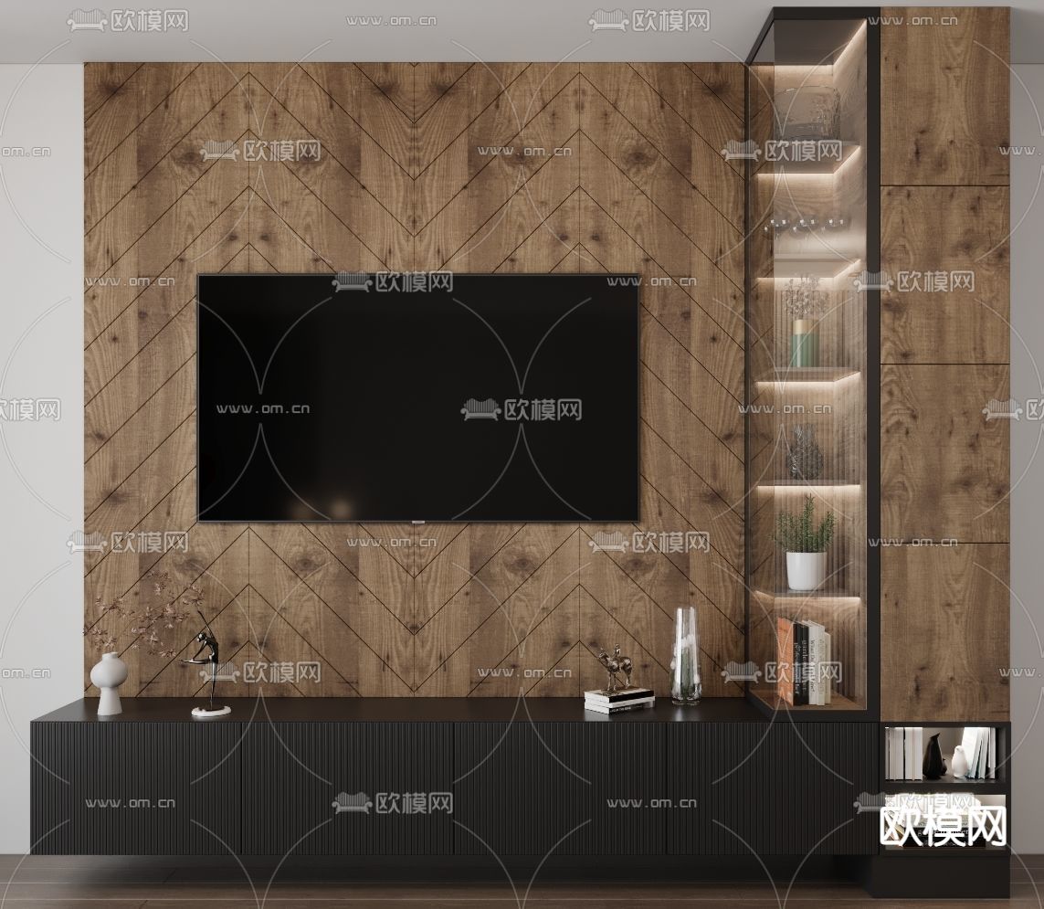 现代轻奢实木不锈钢玻璃电视柜木地板背景墙免费3d模型下载