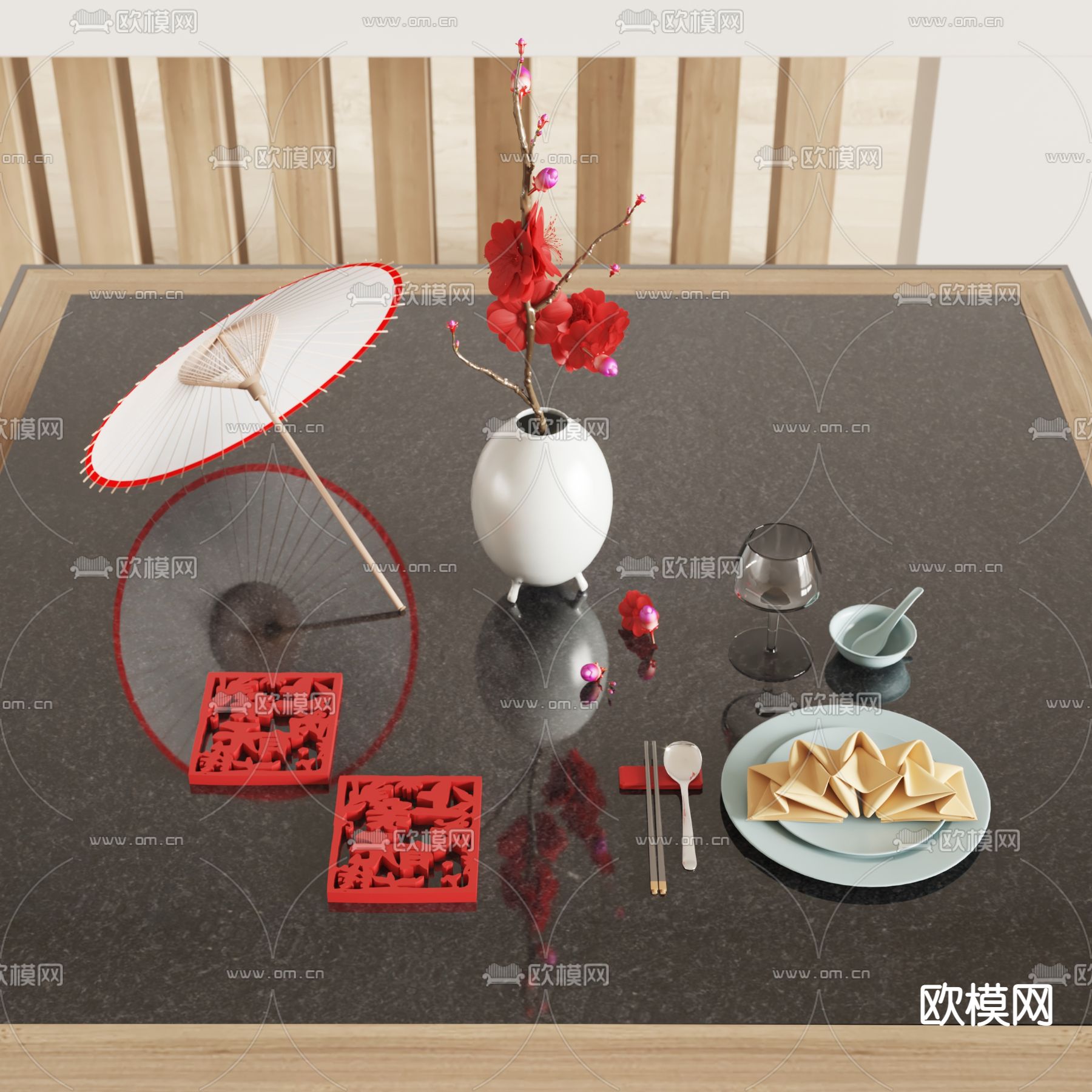 新中式餐具su模型下载（渲染图1）