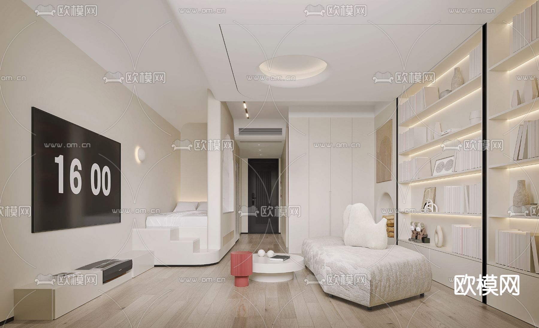 现代奶油白单身公寓3d模型下载（渲染图2）