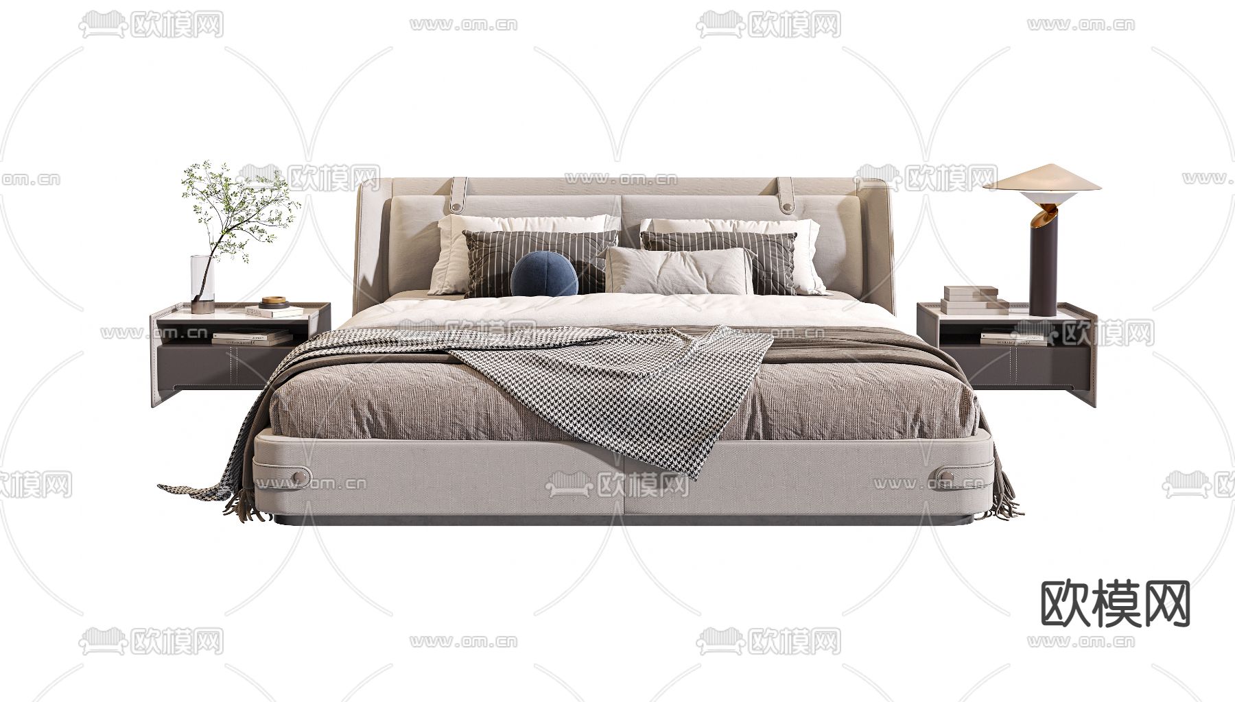 现代布艺双人床su模型下载（渲染图3）