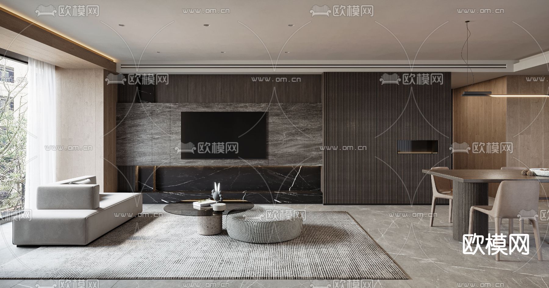 现代高级灰客厅餐厅3d模型下载（渲染图2）