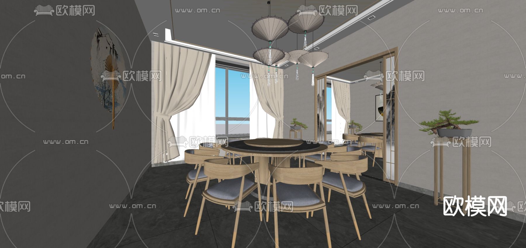 新中式中餐厅su模型下载（渲染图2）