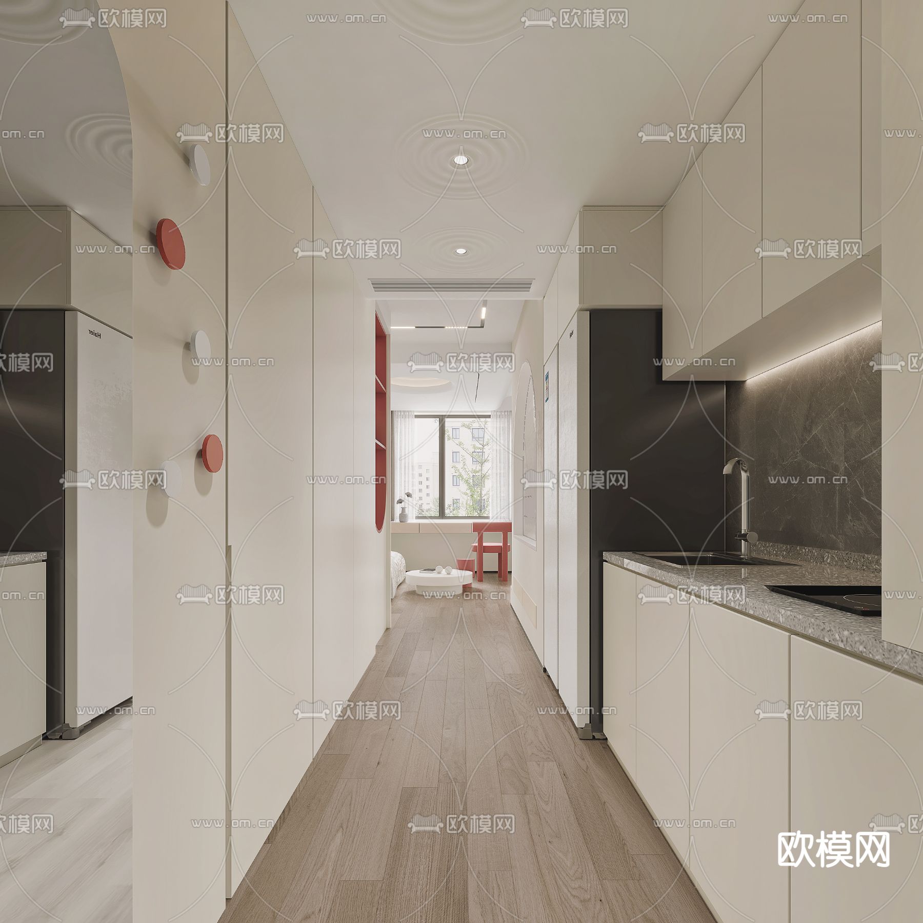 现代奶油白单身公寓3d模型下载（渲染图3）