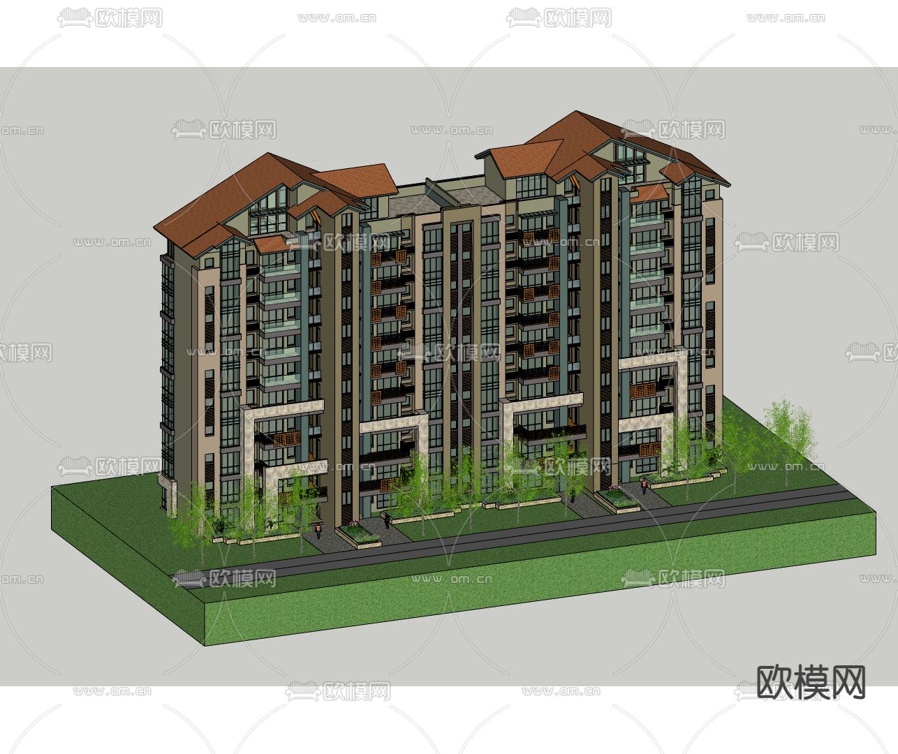 新中式住宅楼外观su模型下载（渲染图2）