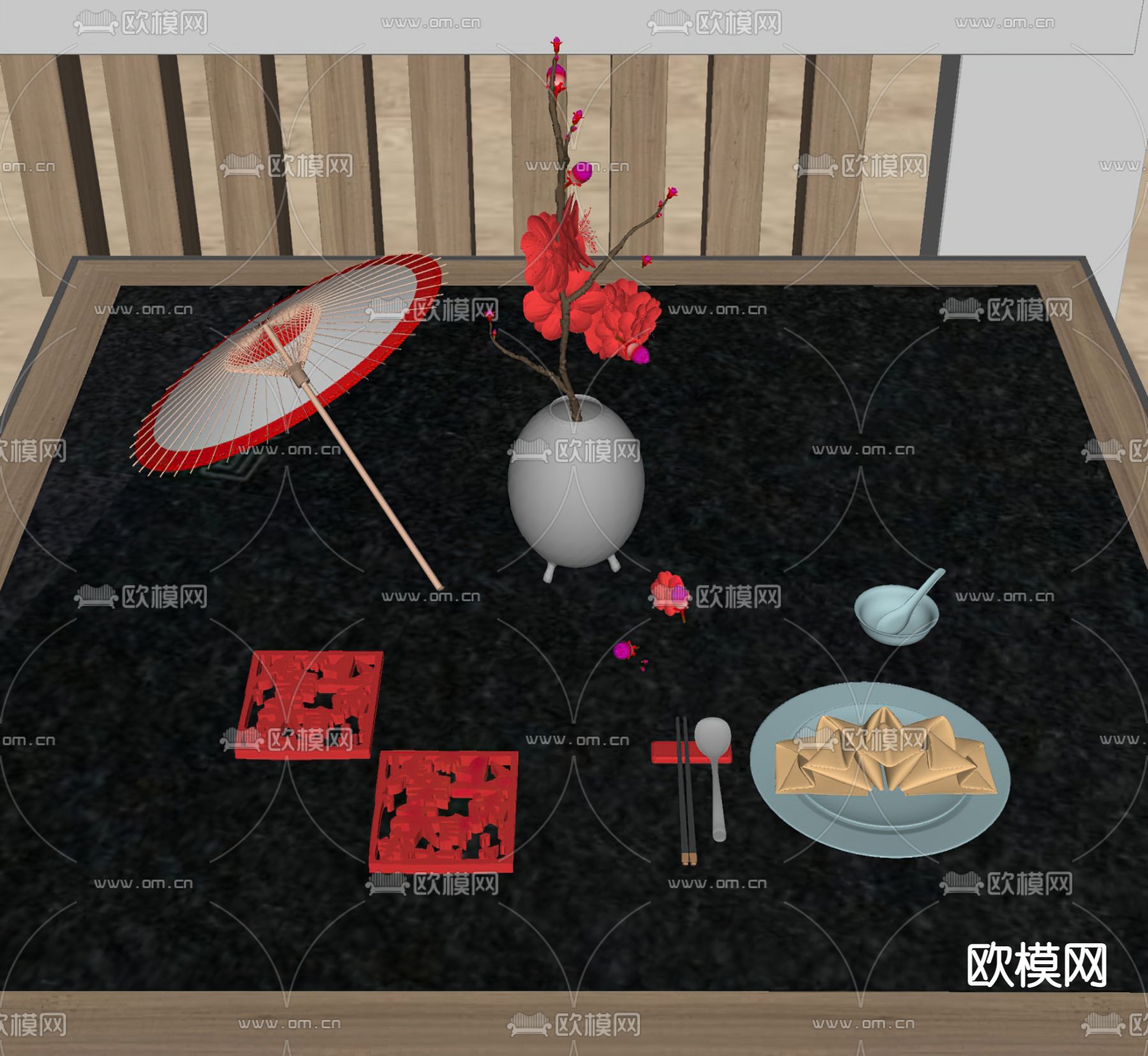 新中式餐具su模型下载（渲染图2）