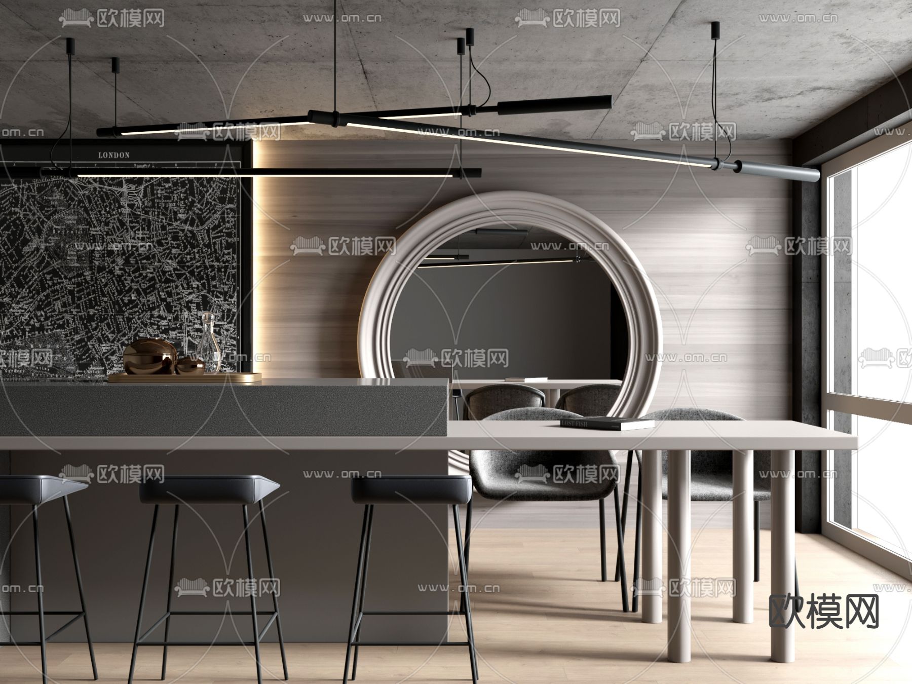 现代高级灰岛台餐桌椅3d模型下载