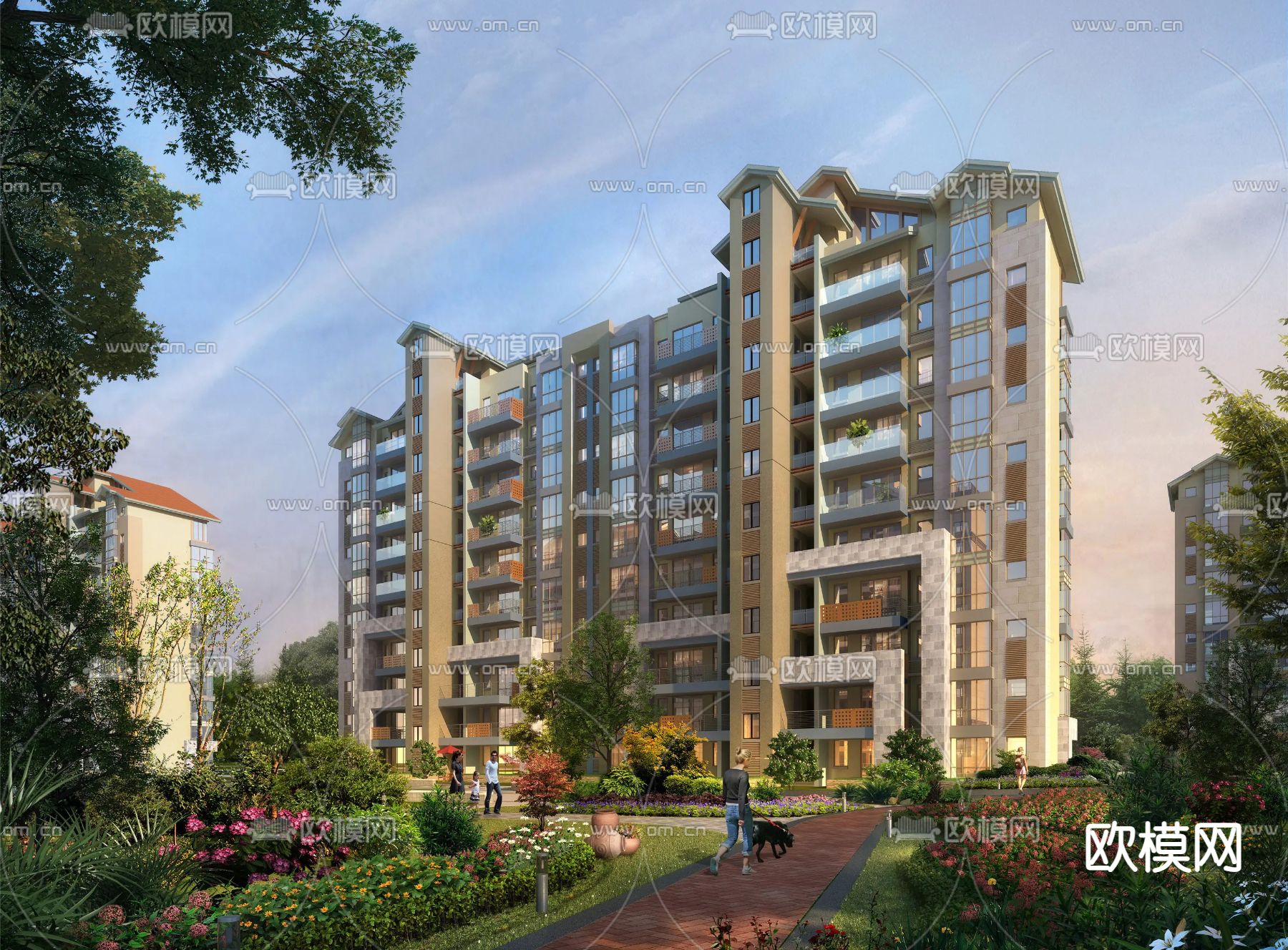 新中式住宅楼外观su模型下载（渲染图1）