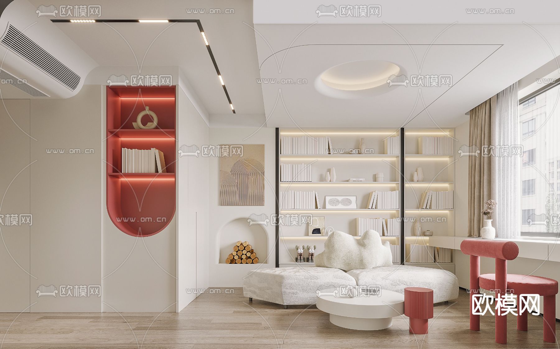 现代奶油白单身公寓3d模型下载（渲染图1）