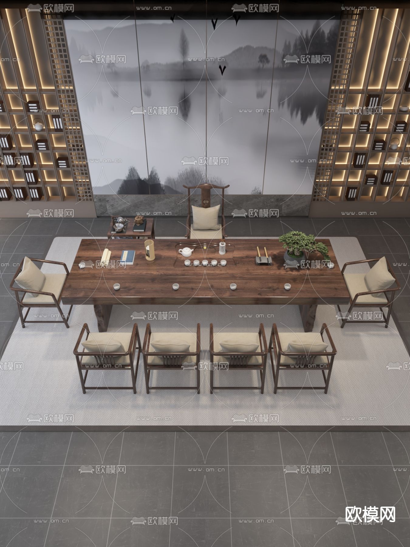 新中式茶楼茶室3d模型下载（渲染图3）