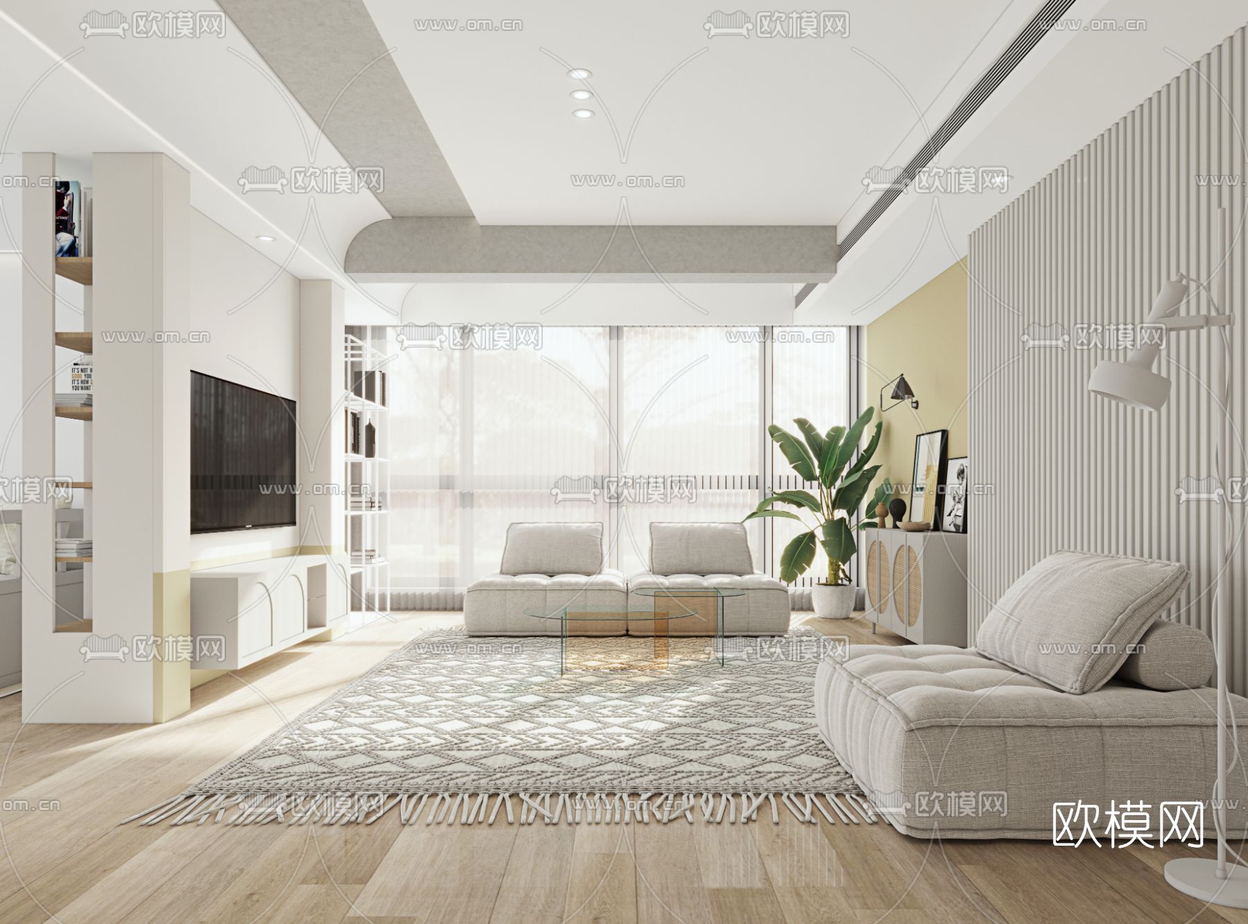 现代奶油风客厅餐厅3d模型下载（渲染图1）