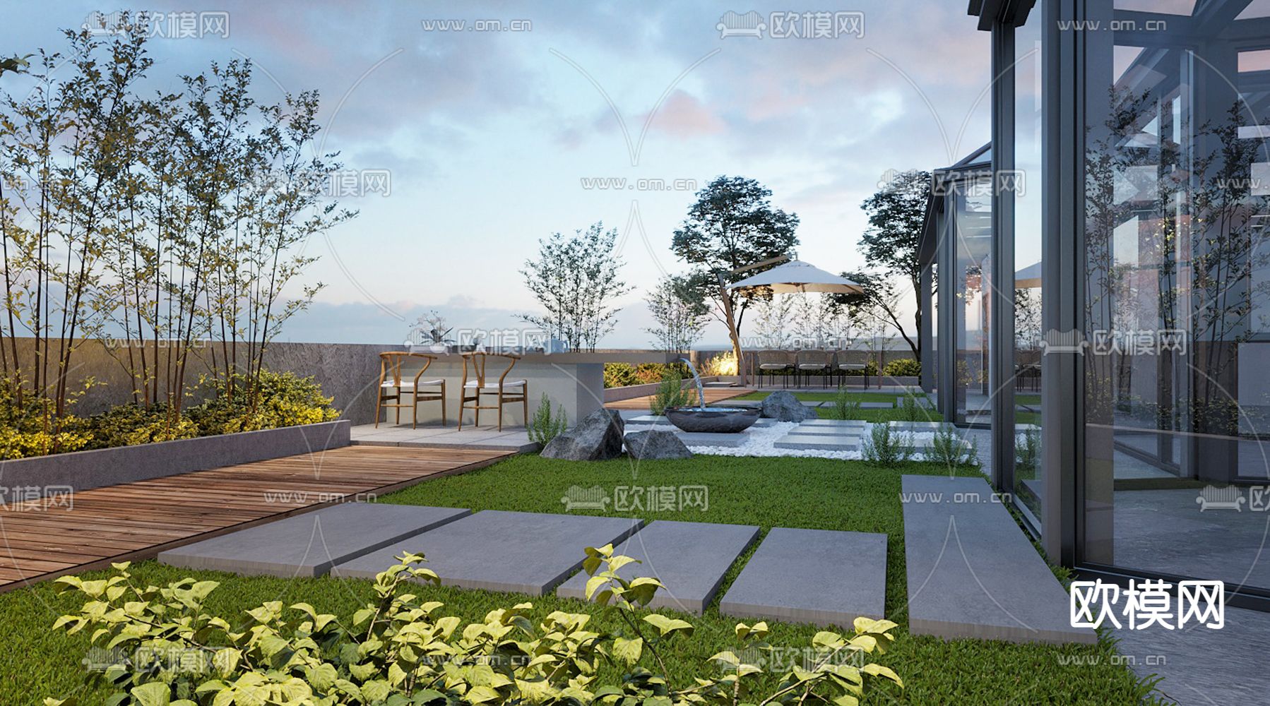 现代别墅庭院花园夜景3d模型下载（渲染图1）