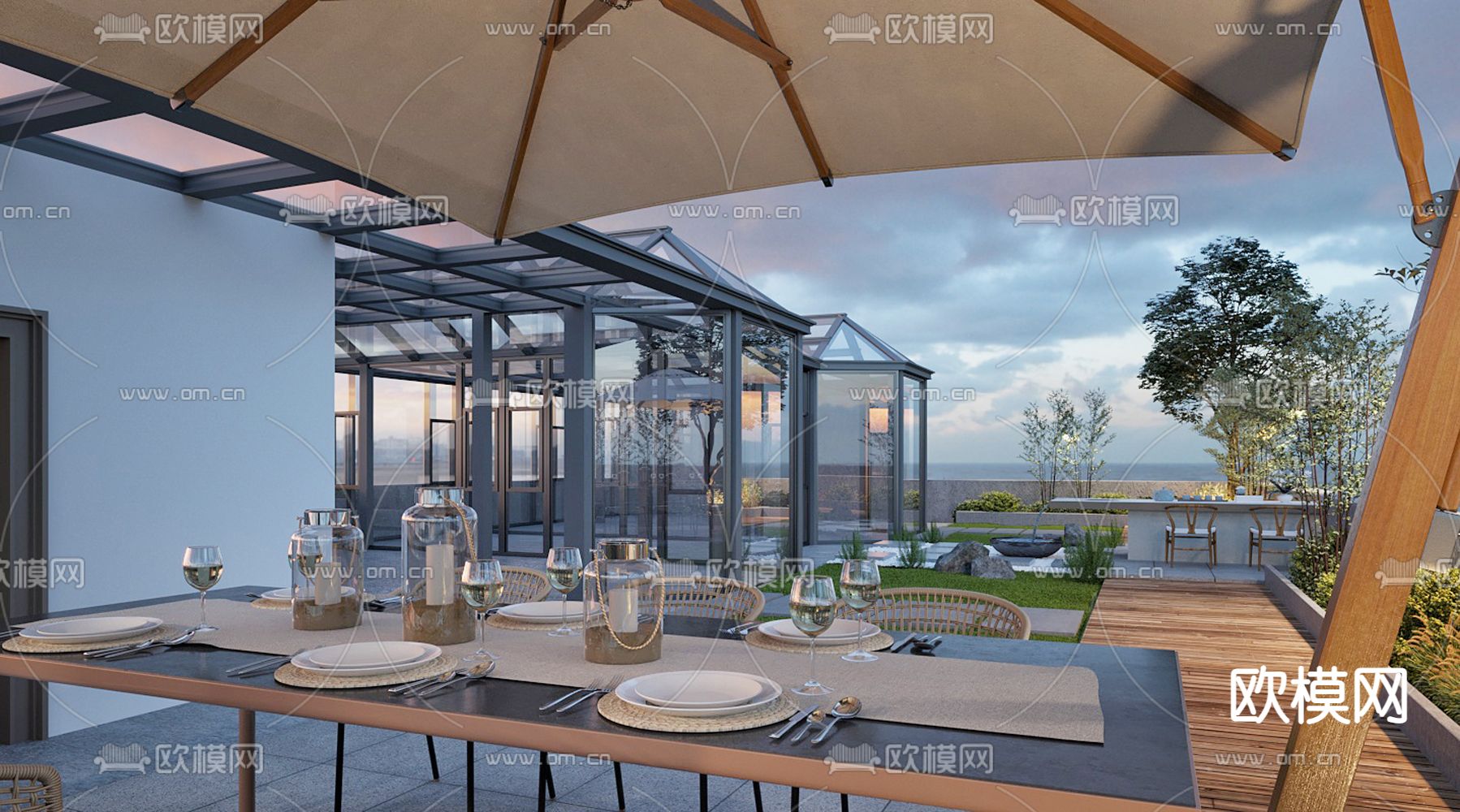 现代别墅庭院花园夜景3d模型下载（渲染图2）