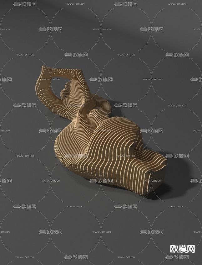 北欧简约实木格栅异形艺术公用椅免费3d模型下载