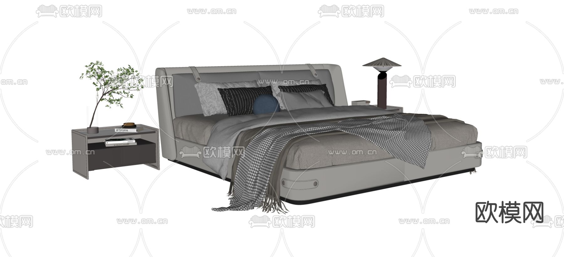 现代布艺双人床su模型下载（渲染图2）