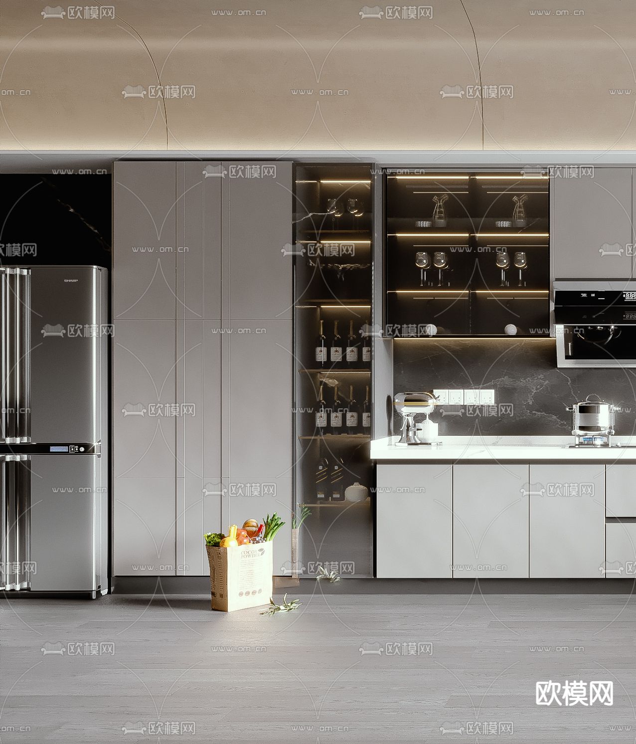 现代厨房橱柜su模型下载（渲染图3）