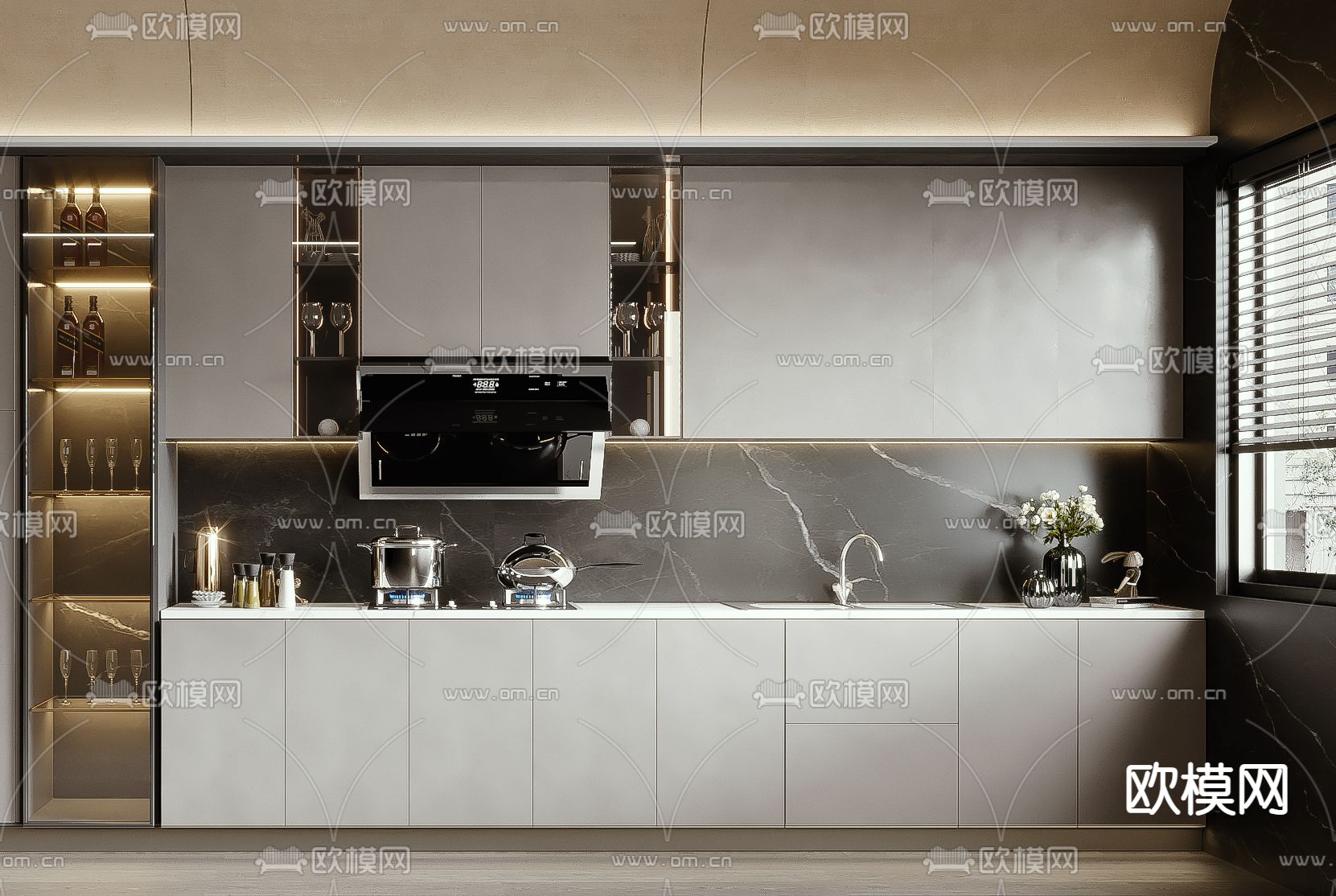现代厨房橱柜su模型下载（渲染图3）