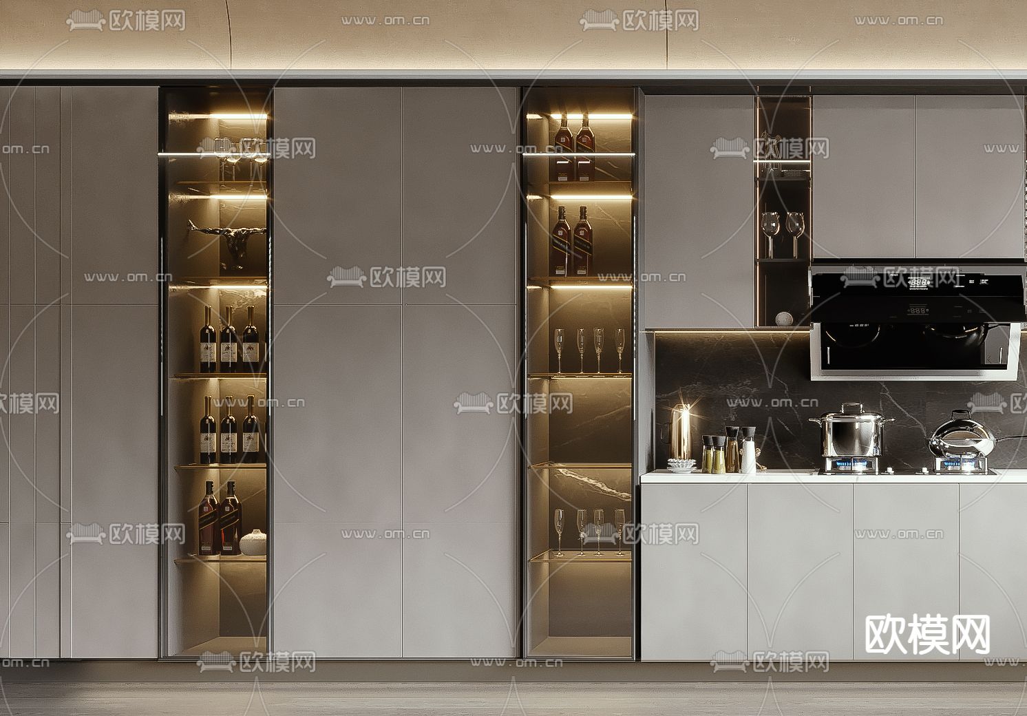 现代厨房橱柜su模型下载（渲染图2）