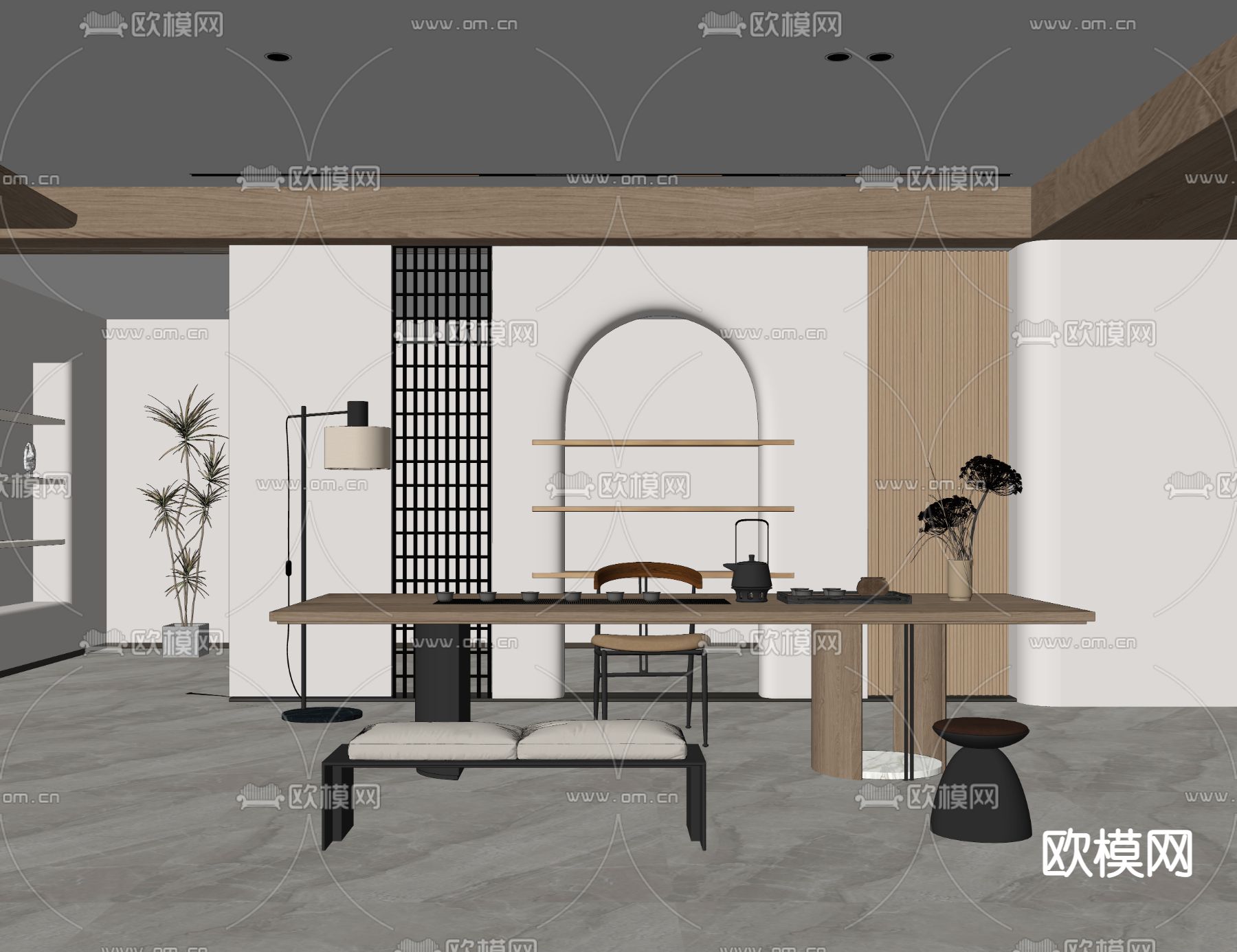 现代茶桌椅su模型下载（渲染图2）