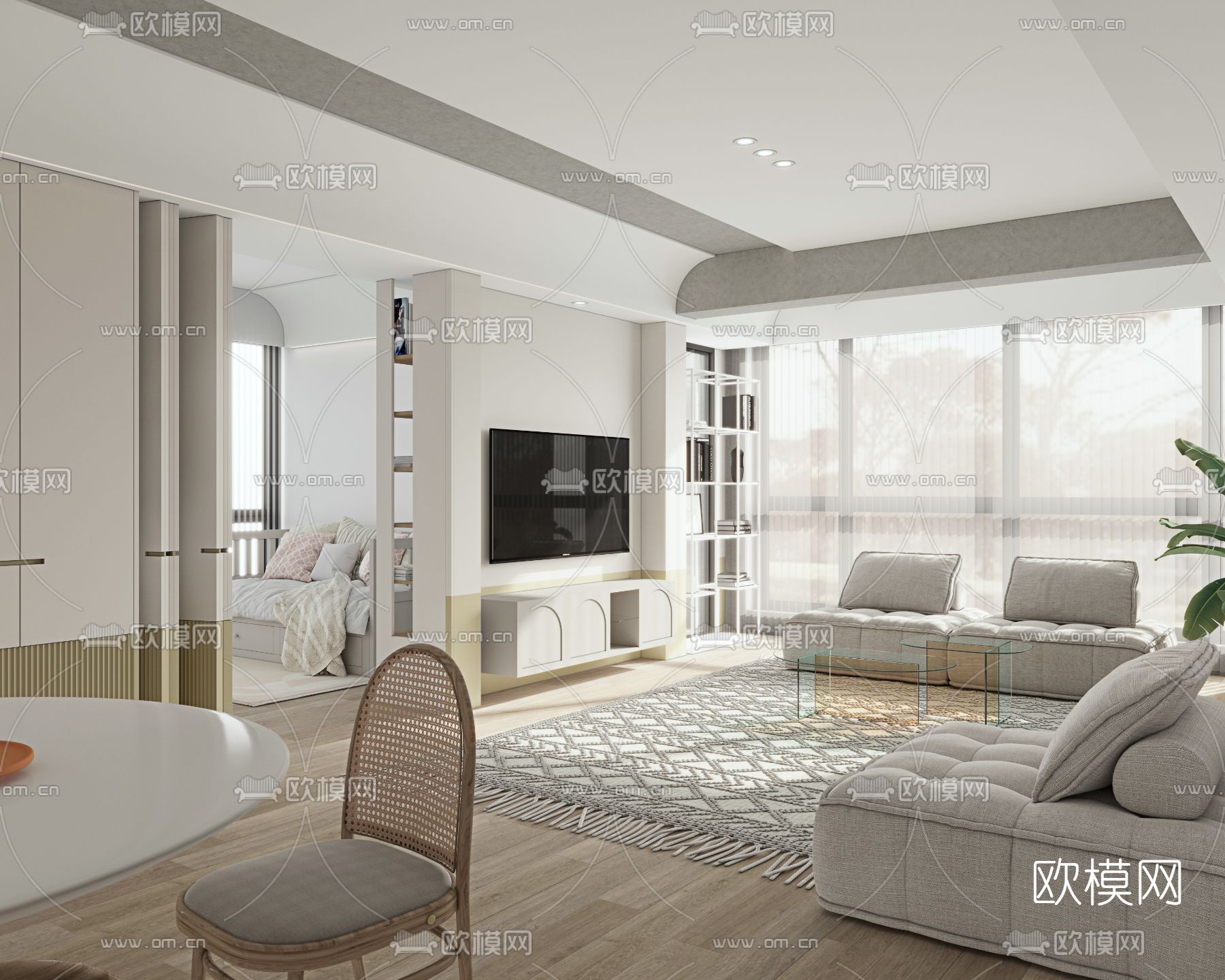 现代奶油风客厅餐厅3d模型下载（渲染图3）