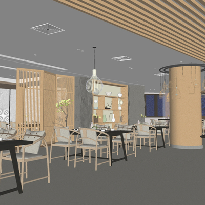  新中式自助餐厅su模型 