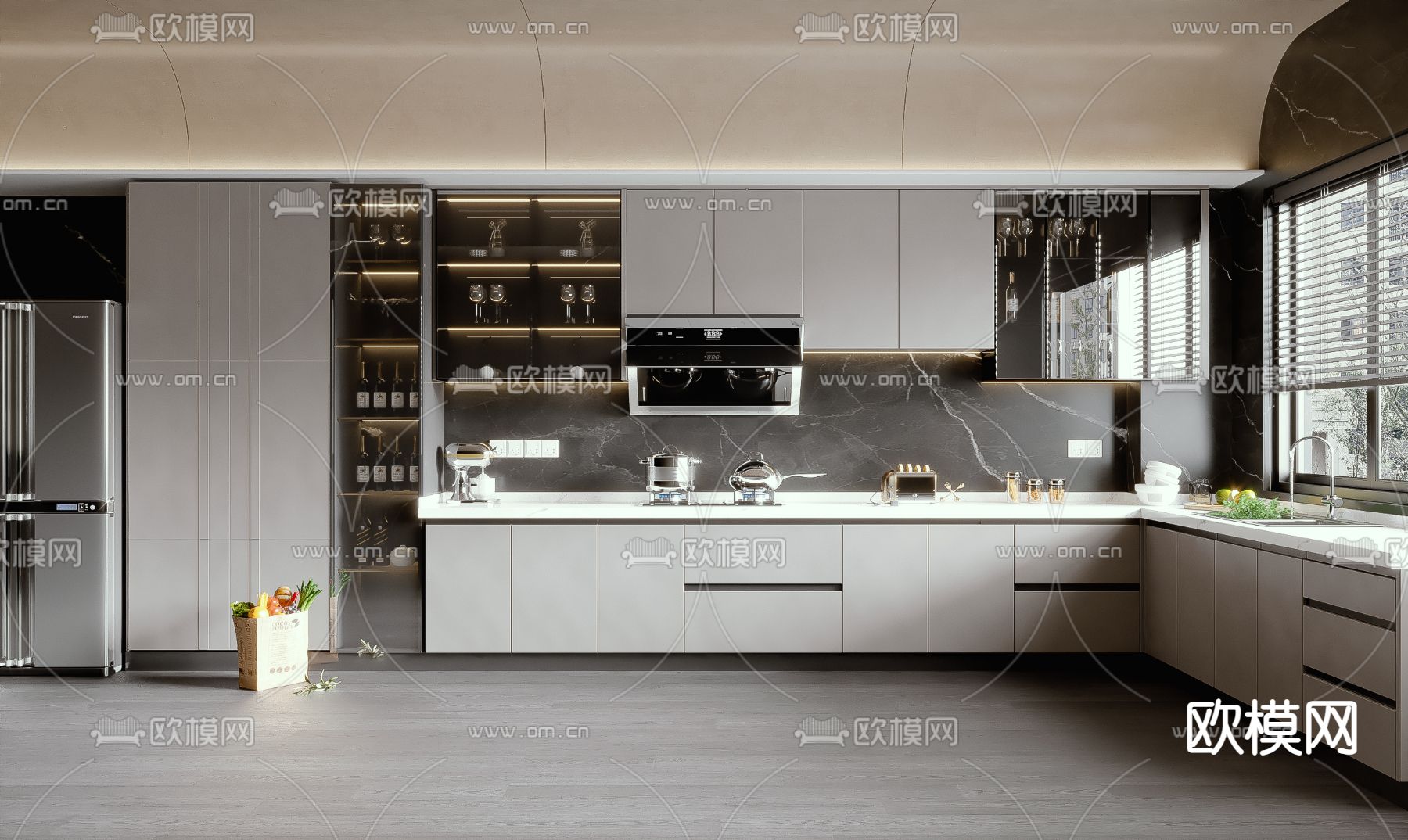 现代厨房橱柜su模型下载（渲染图1）