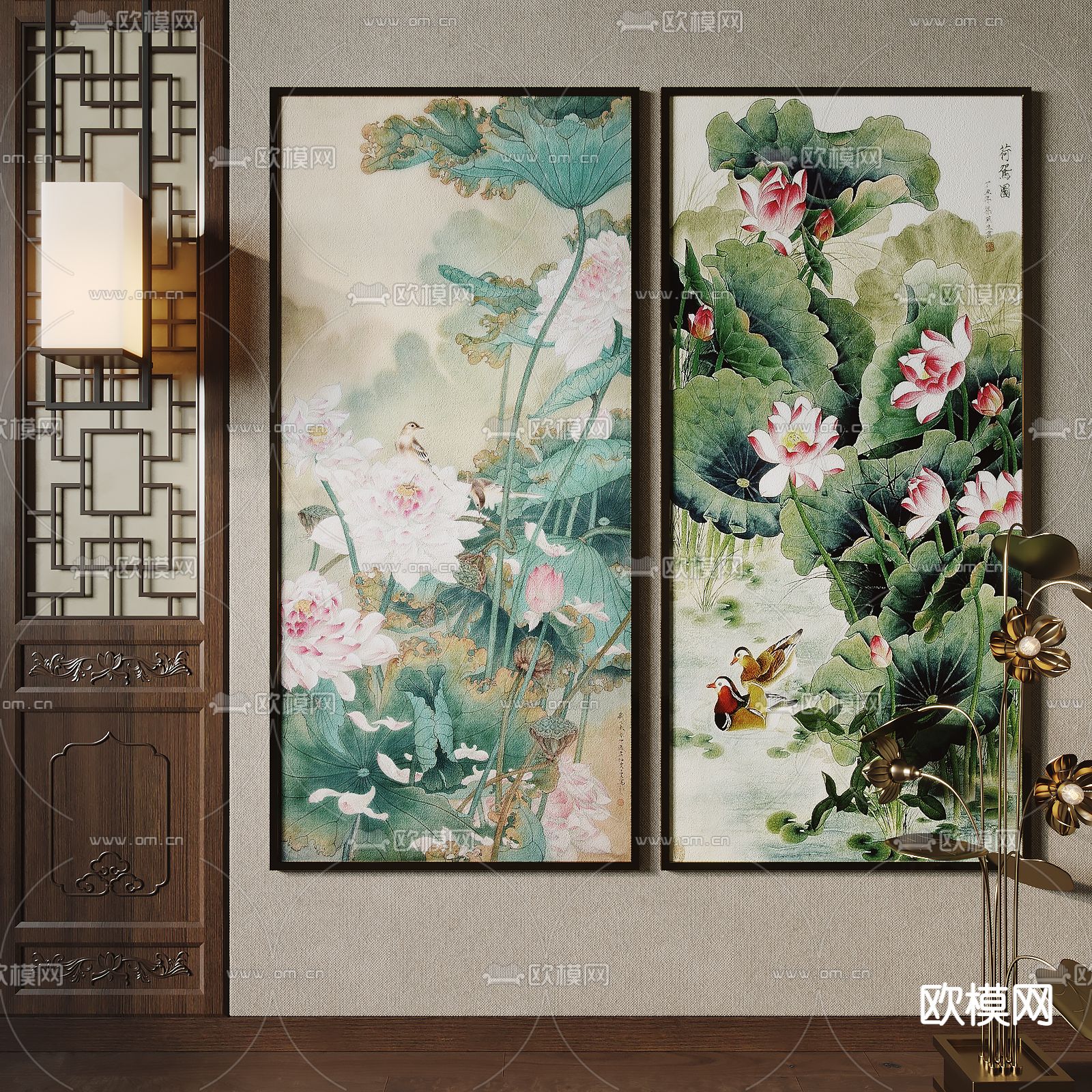 新中式荷花装饰画su模型