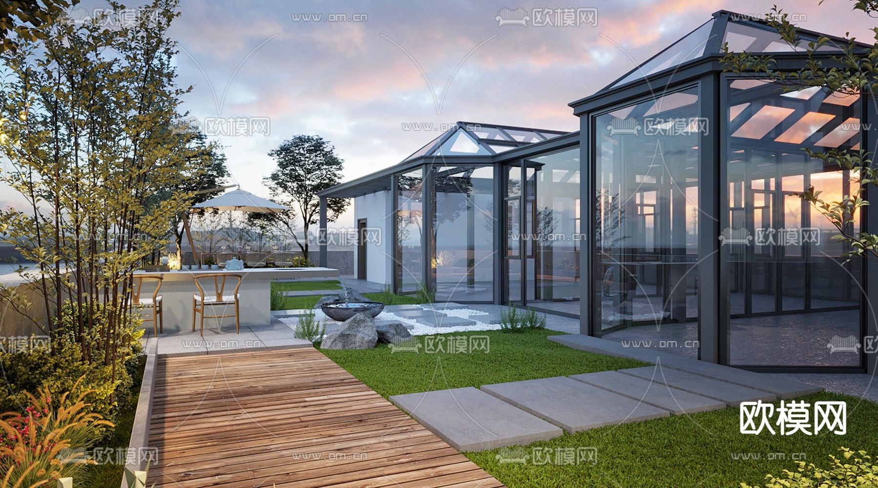 现代别墅庭院花园夜景3d模型下载（渲染图3）