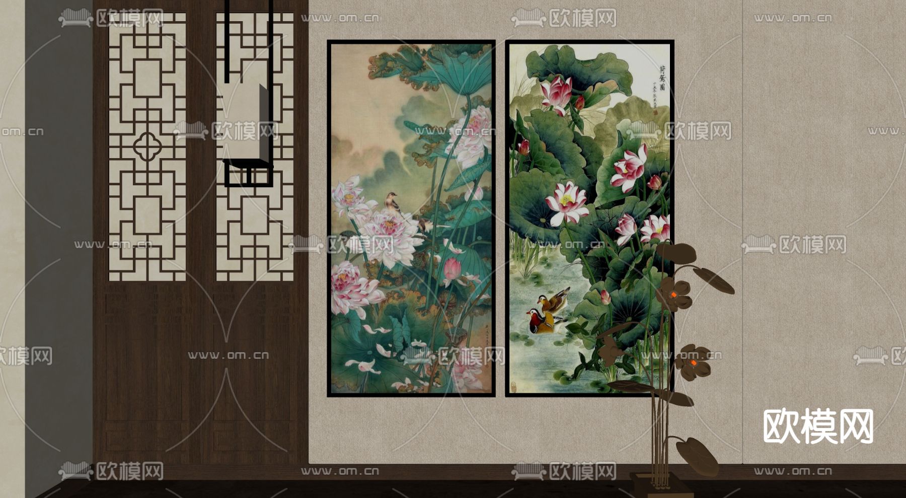 新中式荷花装饰画su模型