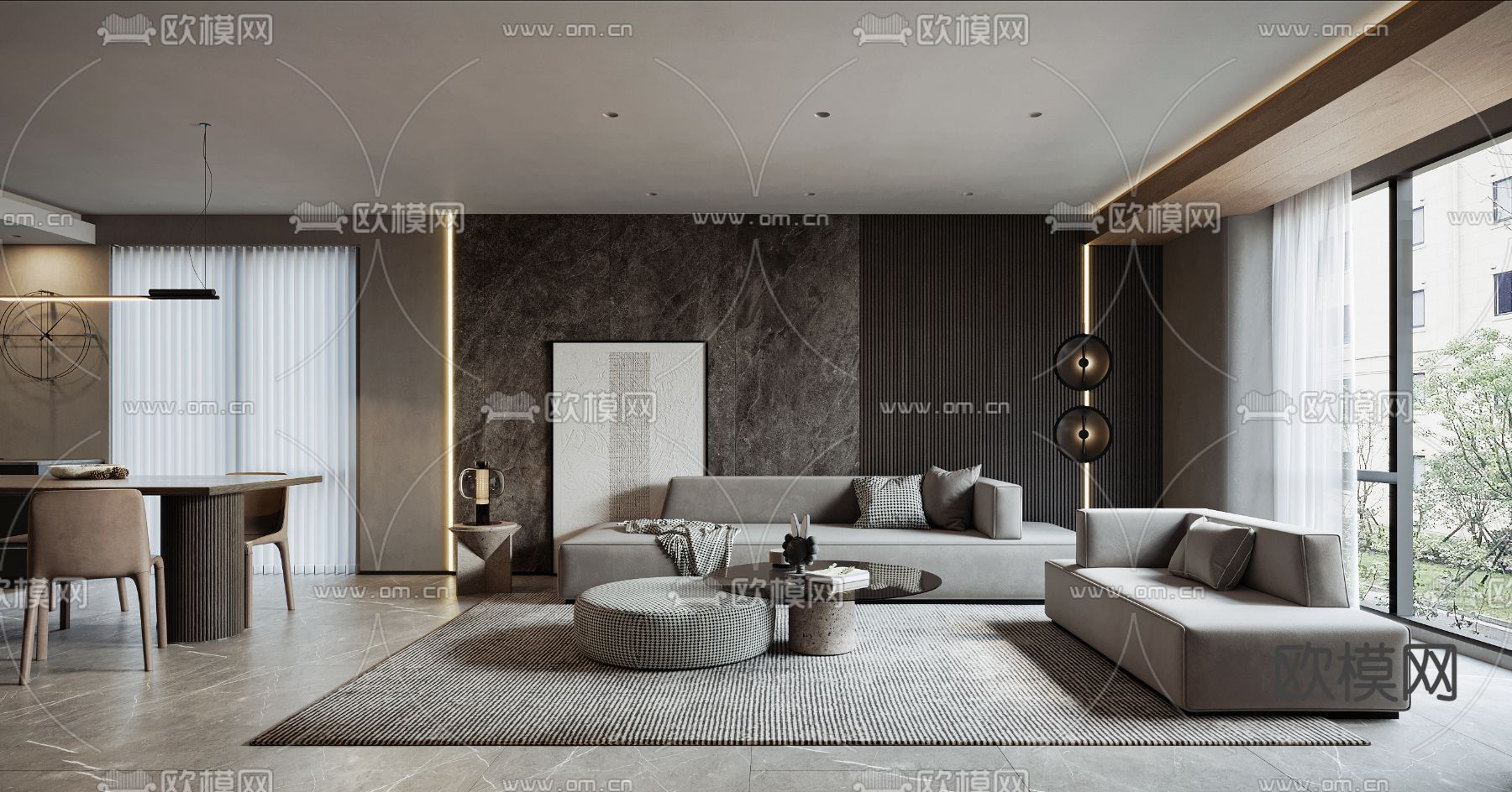 现代高级灰客厅餐厅3d模型下载（渲染图1）