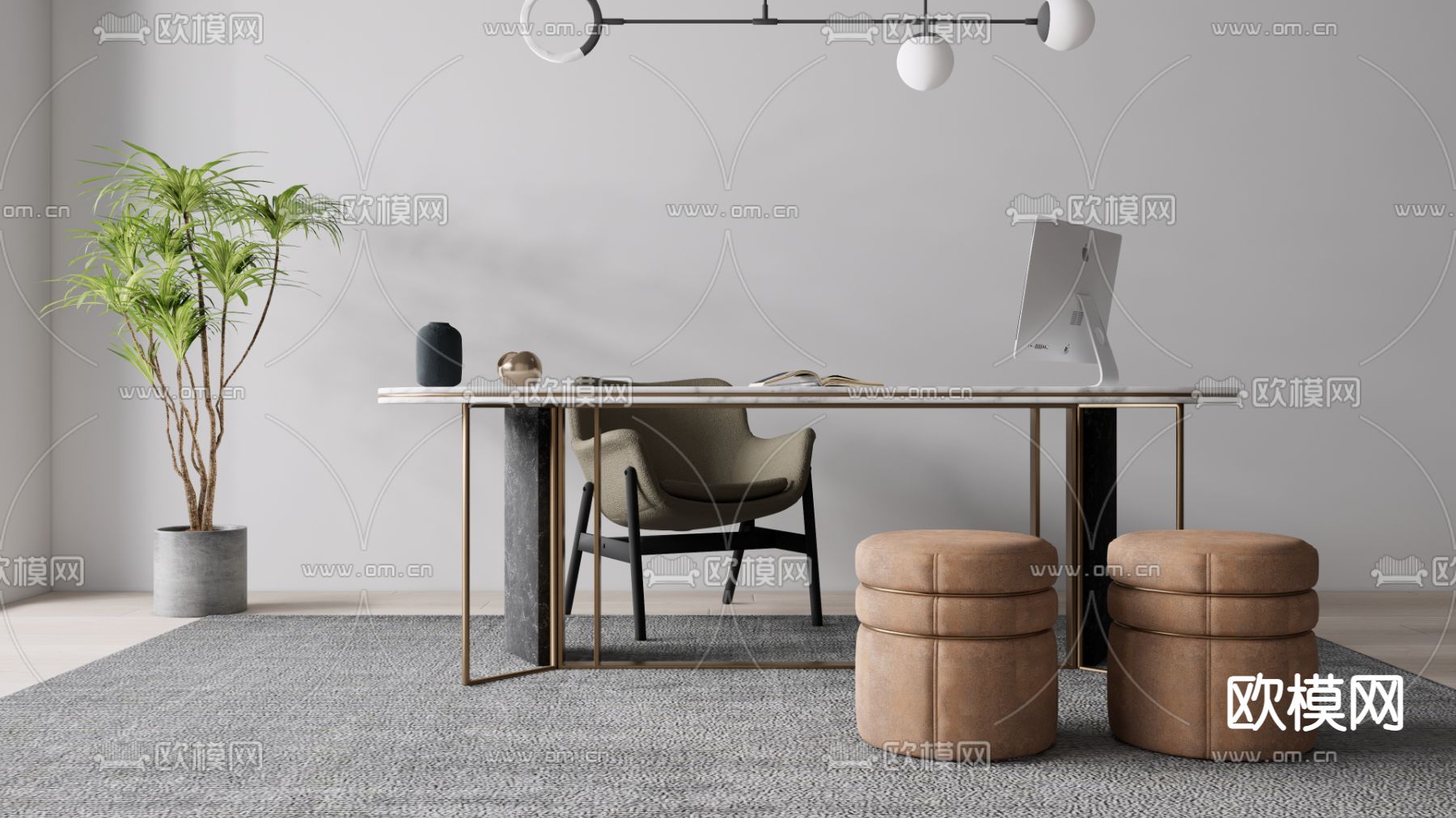 现代书桌椅su模型下载（渲染图1）