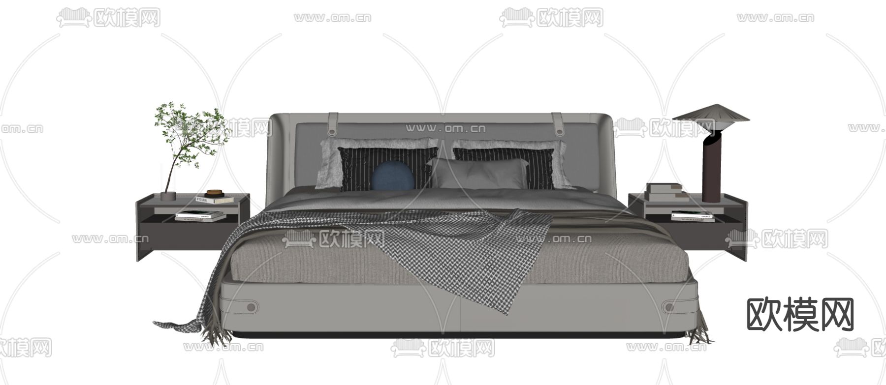 现代布艺双人床su模型下载（渲染图4）