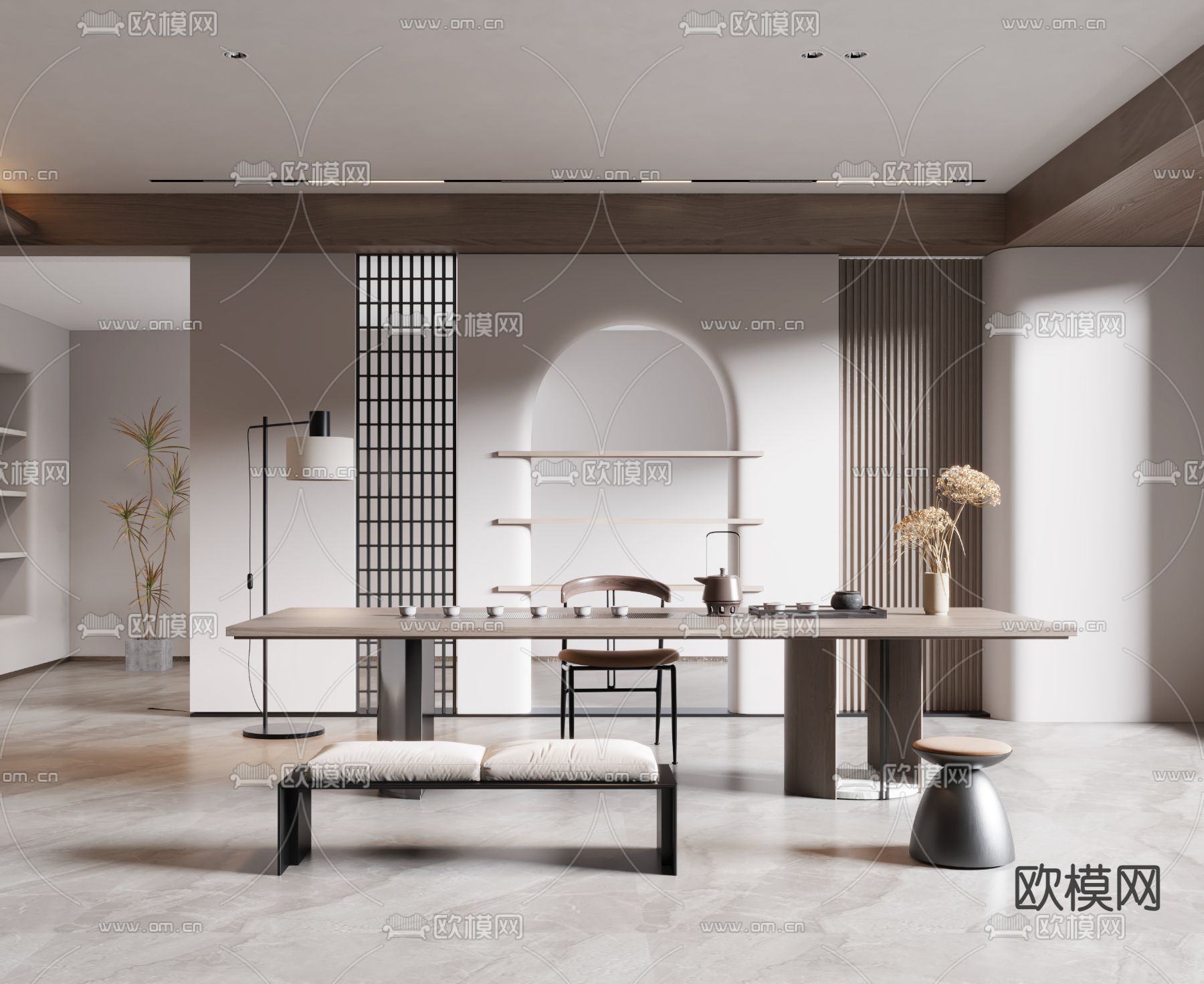 现代茶桌椅su模型下载（渲染图1）