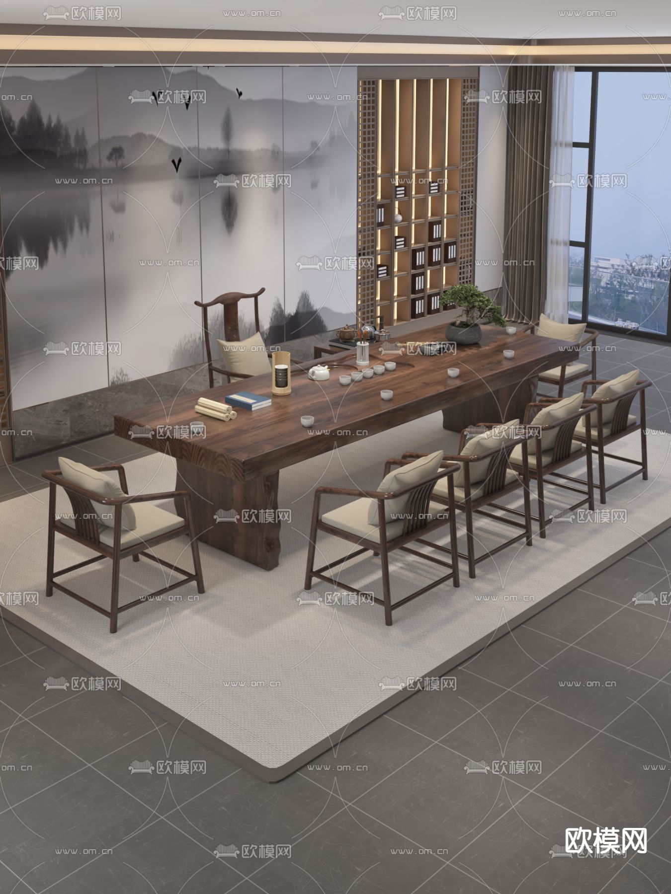 新中式茶楼茶室3d模型下载（渲染图1）