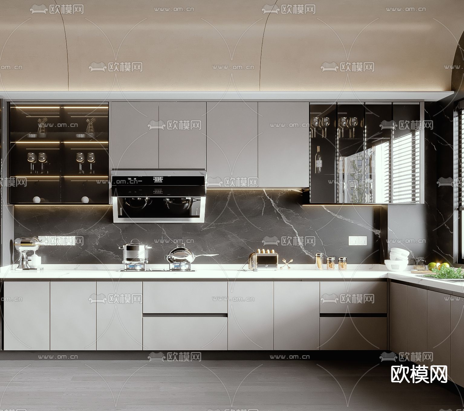 现代厨房橱柜su模型下载（渲染图2）