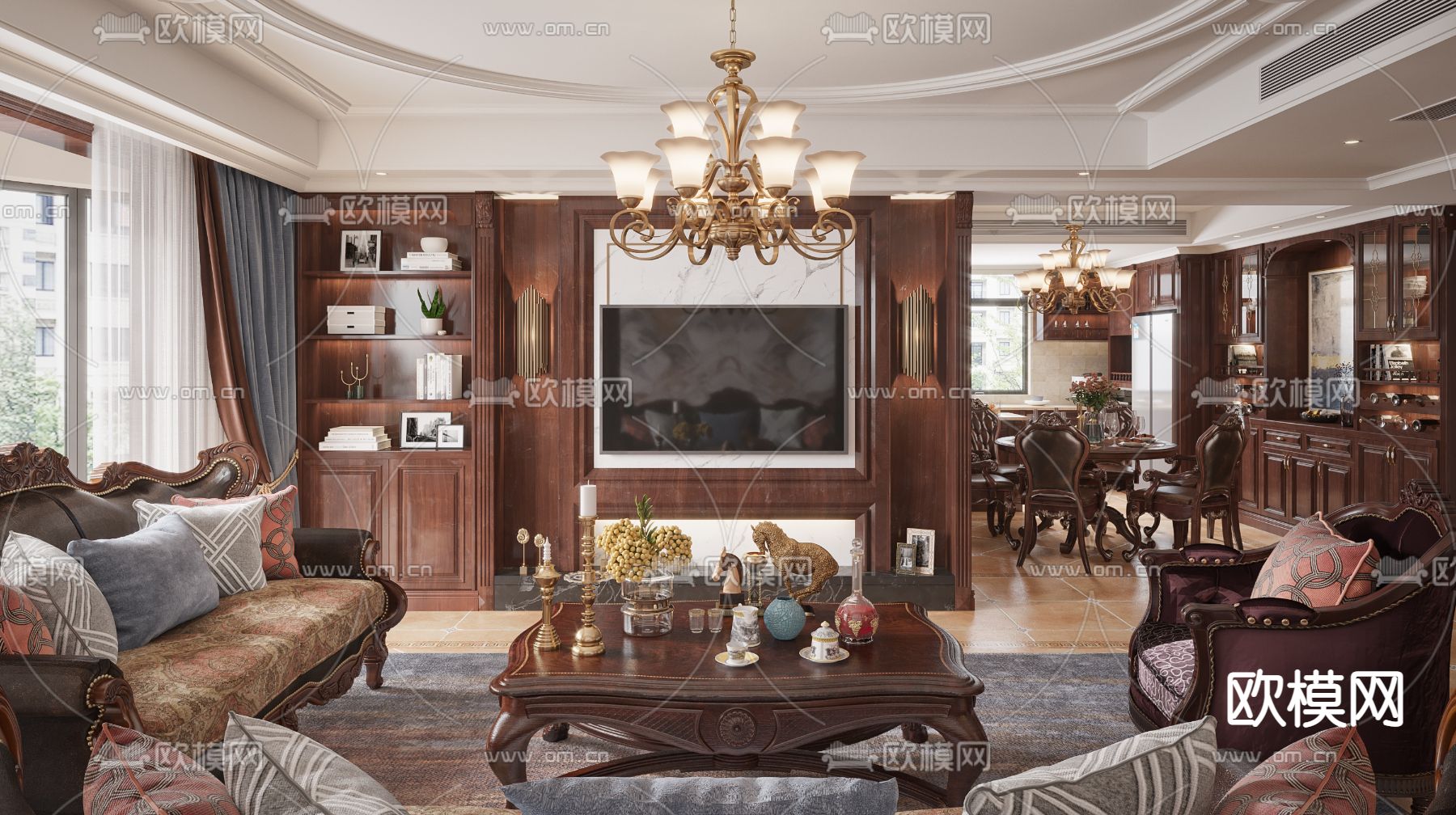 美式复古客厅餐厅3d模型
