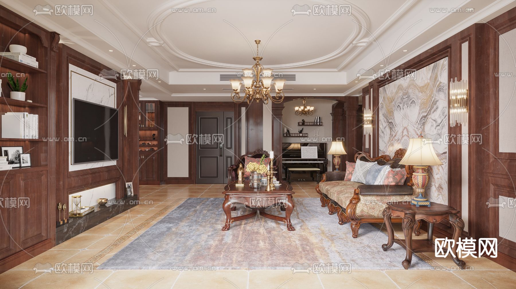 美式复古客厅餐厅3d模型