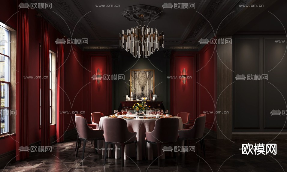 简欧餐厅包间3d模型下载_ID11998055_3dmax免费模型-欧模网
