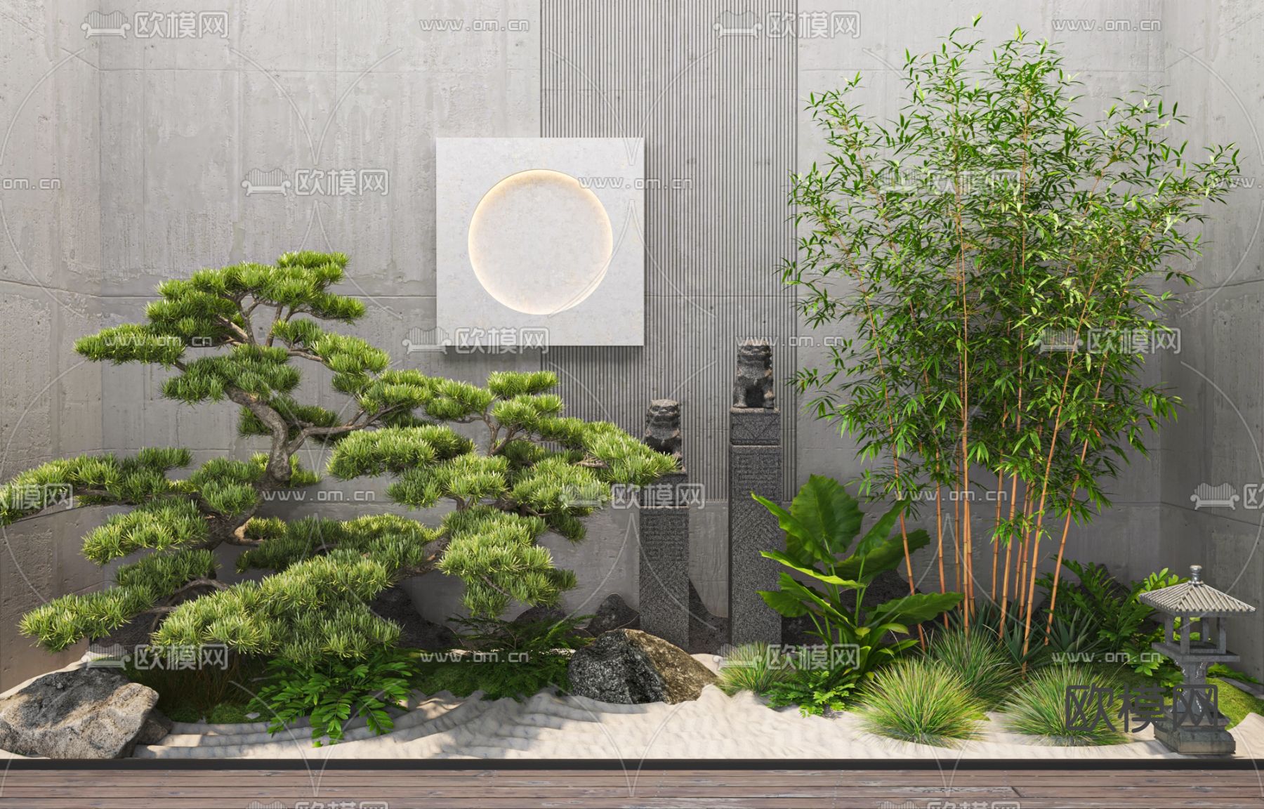 新中式松树竹子枯山水小品3d模型下载