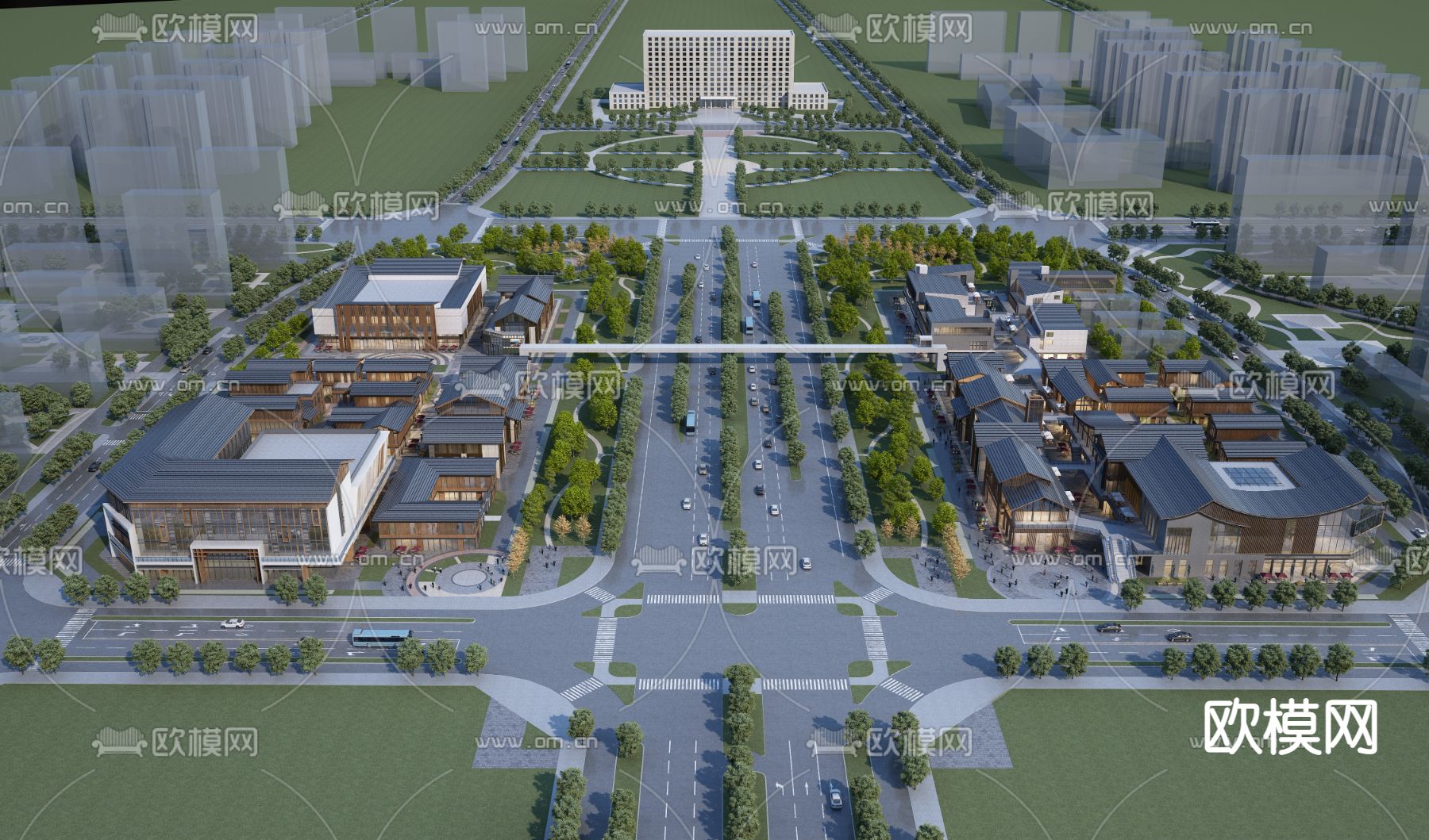 中式商业文化馆鸟瞰3d模型下载