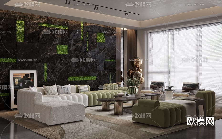 现代撞色布艺转角组合沙发3d模型下载(渲染图2)