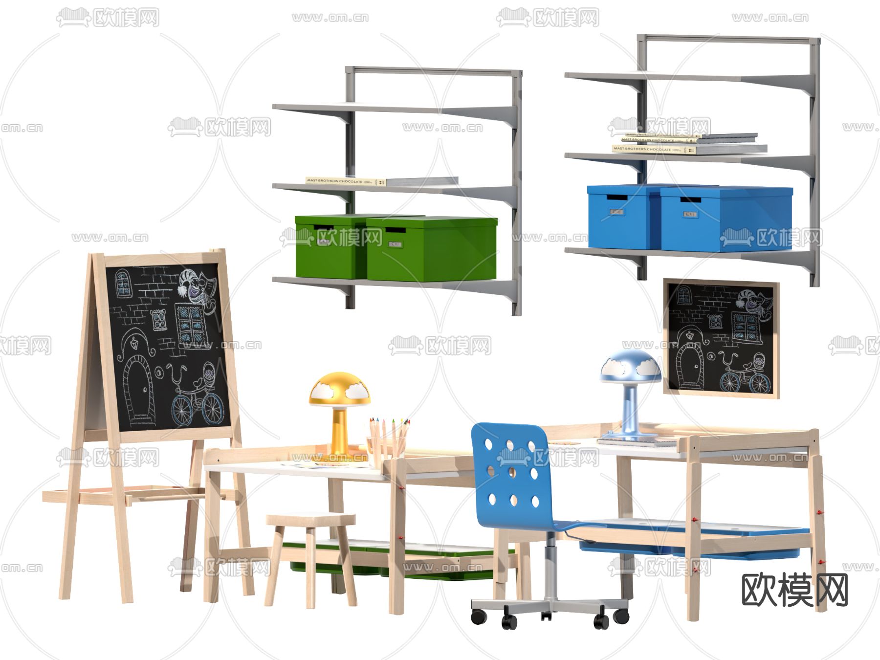 现代儿童绘画书桌椅画架3d模型下载