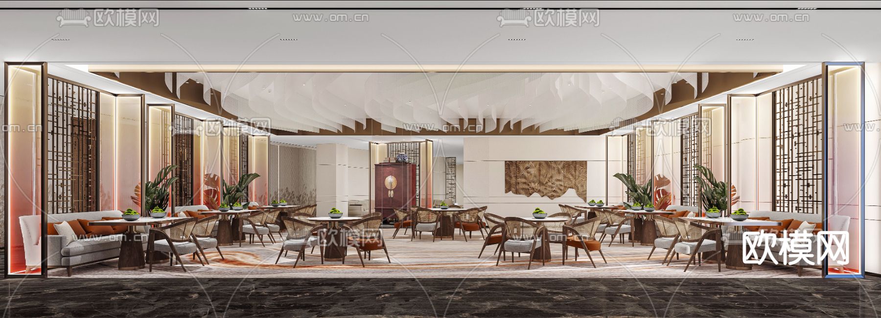 新中式酒店餐厅3d模型下载（渲染图2）