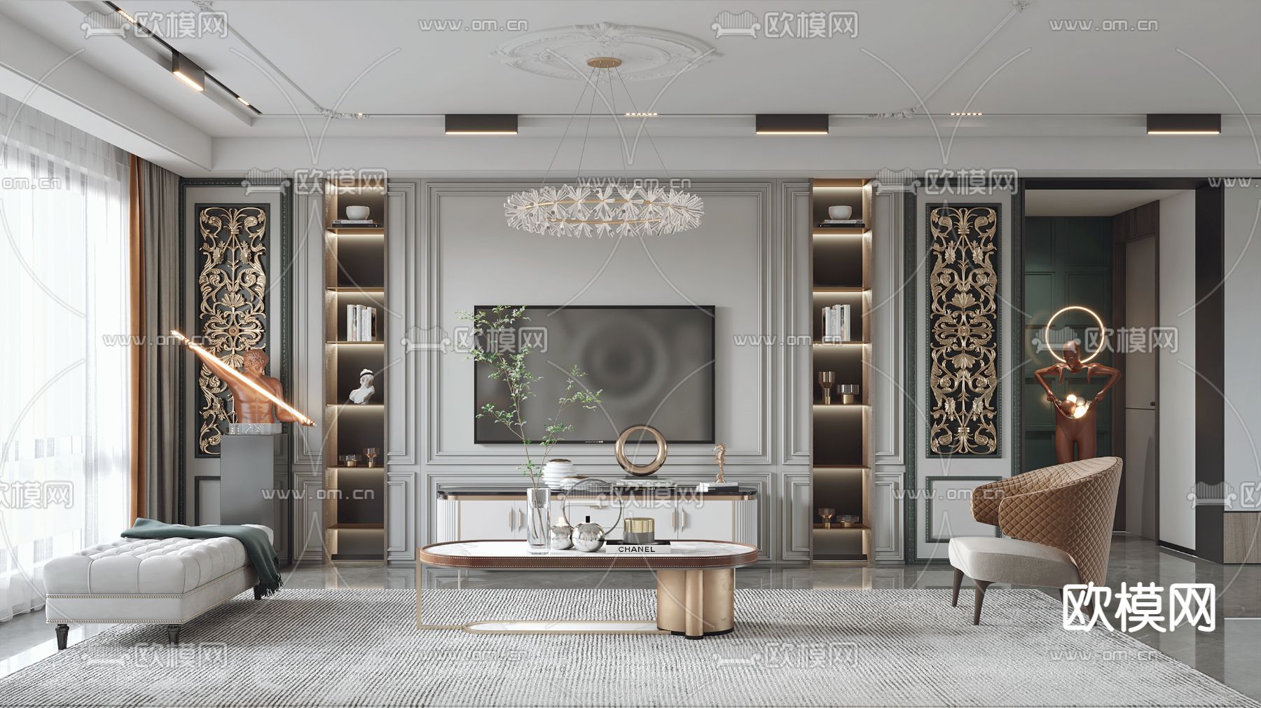 简欧轻奢客厅3d模型下载（渲染图2）